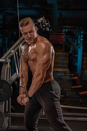 Muscular man engages in a challenging cable exercise at a well equipped gym. The ambient lighting...