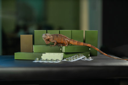 A vivid iguana sits atop a stack of green boxes in a well lit indoor space. The setting features soft shadows and highlights that enhance the lizards texture and colors.の写真素材