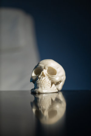 white skull is resting on a polished black table. The soft lighting creates a calm atmosphere while the dark background enhances its details and reflection.の写真素材