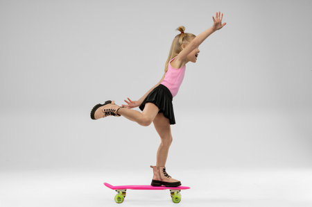 small blonde girl is balancing on a skateboard inside a studio. She is wearing a pink top and a black skirt while having fun and posing confidently with a smile.の写真素材