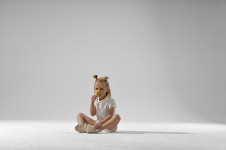 little blonde girl sits on the floor with a yellow flower in her hand smiling and embodying joy. Her playful spirit shines in the simple setting.の写真素材