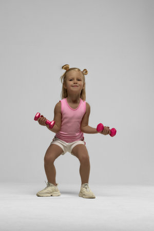 Blonde girl shows determination while lifting pink dumbbells in a bright studio. She is focused and enjoying her workout showcasing her strength.の写真素材