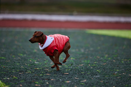 playful miniature pinscher wearing a bright red coat joyfully runs across a track. The dog's energy is infectious bringing joy to onlookers.の写真素材