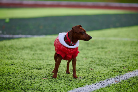 miniature pinscher wearing a cozy red coat stands attentively on a vibrant green field. The playful...