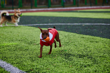 miniature pinscher wearing a striking red outfit joyfully runs across a vibrant green turf field holding a bright orange ball. Other dogs play nearby creating a lively scene.の写真素材