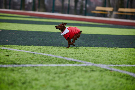 playful miniature pinscher in a bright red coat sprints joyfully across a vibrant green sports field showcasing agility and energy on a clear day.の写真素材
