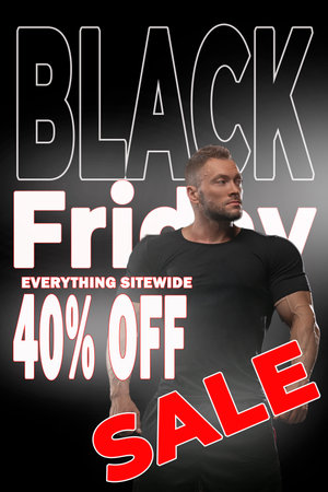 man stands confidently showcasing a bold Black Friday sale featuring 40 percent off everything. The...