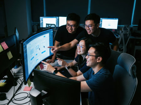 office workers focus on a large screen while discussing a project. They point at the display and exchange ideas. The workspace has multiple monitors and is dimly lit.の素材