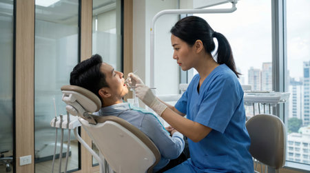 dentist provides care to a client in a dental clinic located in a high rise building. The client sits in a dental chair while the dentist focuses on a dental procedure.の素材
