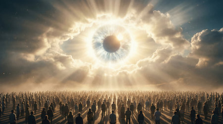 Many people stand together in a field gazing at a large eye formed by clouds and light in the sky. This event appears to have a religious focus and takes place at sunset.の素材