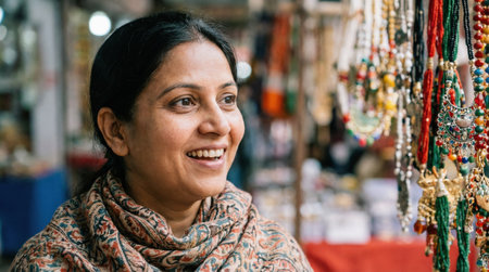 A woman explores a vibrant market in India while checking out jewelry. Brightly colored accessories hang around her creating a lively atmosphere. She appears engaged and happy.の素材
