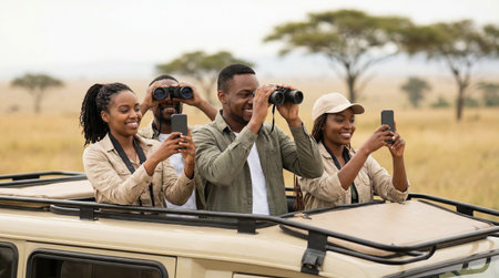Groups of tourists are on top of a safari vehicle in Africa. They are using binoculars and smartphones to take pictures while spotting wildlife in the savanna.の素材