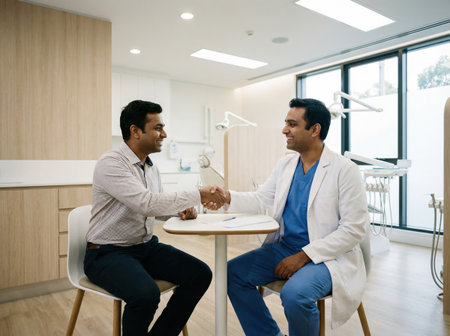 Two men are sitting at a small table in a dental clinic in India. One man wears a doctors coat and blue scrubs while the other is in a checkered shirt. They shake hands and discuss dental care.の素材