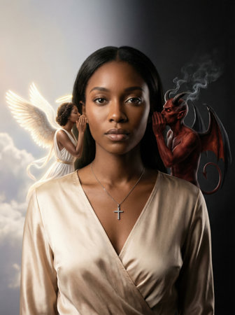 woman stands between an angel and a demon. The angel whispers positive thoughts while the demon suggests darker ideas. She appears deep in thought during this inner conflict.の素材