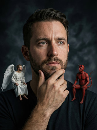 man shows deep thought while an angel sits on one shoulder and a demon on the other. The scene is dark with focused lighting highlighting the subjects.の素材