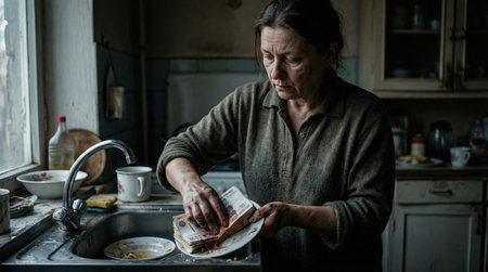 In a small kitchen a woman sorts through banknotes while washing dishes. The scene captures an everyday moment reflecting lifes challenges and the impact of commercialism.の素材