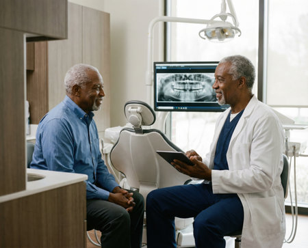 Two elderly men are sitting in a dental clinic. One man smiles while the dentist talks and shows information on a tablet. The clinic has a bright atmosphere and dental equipment.の素材