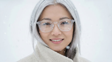 Asian model are outside in the snow. She are smiling and wearing glasses. Snowflakes are falling around them. The scene shows a bright cold winter day.の素材