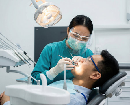 dentist attends to a client in a dental office. The client is seated while the dentist uses tools for oral examination. Light illuminates the workspace clearly.の素材
