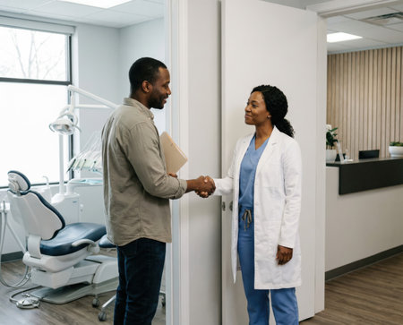 patient and a dentist shake hands in a dental office. The dentist is dressed in blue scrubs and a white coat. They are discussing treatment options in a bright office.の素材