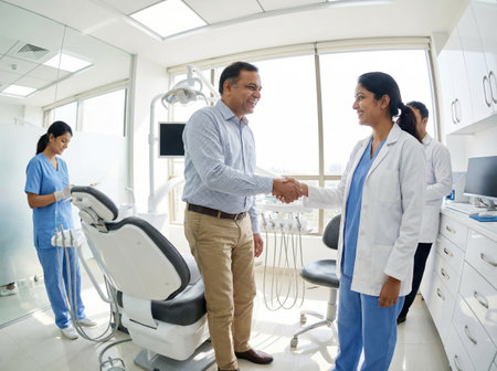 A dental clinic in India shows a dentist and a patient shaking hands. Two other dental professionals are present engaged in their tasks. The setting is bright and modern.の素材