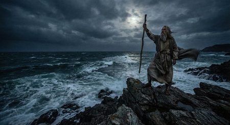 Moses holds a staff on a rocky shoreline. Dark clouds gather above while strong waves crash against the rocks. The scene depicts the moment of crossing the Red Sea from the Old Testament.の素材