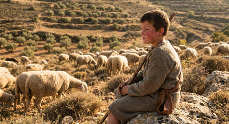 David dressed in simple clothes sits on a rock watching over a flock of sheep in a hilly area filled with greenery. The sun shines down on the land as he holds a wooden staff.の素材