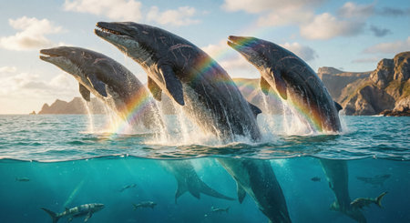 Three large whales leap out of the ocean under a bright sky. Each whale displays a rainbow arc as it jumps above the water. The scene captures a vibrant marine environment with fish swimming below.の素材
