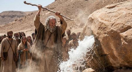 Moses stands with a staff raised high as he strikes a rock in the desert. Water flows out from the rock while a group of Israelites watches in the background.の素材