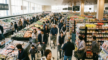 Many shoppers are in a grocery store looking for items. The store has various sections for fruits vegetables and packaged goods. Families couples and individuals are pushing carts.の素材