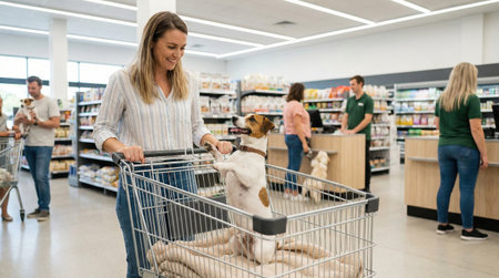 People are shopping at a pet store during the afternoon. A woman pushes a cart with her dog inside. Other customers browse the aisles with their pets. Staff assist customers with items.の素材