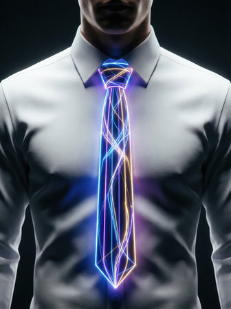 A man stands in a dark setting wearing a white shirt and a tie that displays glowing patterns. The light effect suggests a blend of technology and fashion.の素材