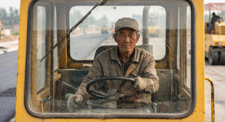 A construction worker drives a machine on a roadworks site. Heavy machinery and equipment are visible in the background. The worker focuses on his task while wearing a cap.の素材