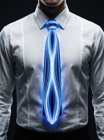 A man stands in a dark setting wearing a white shirt with a bright blue tie that glows. He is at a formal event that occurs during the evening. The environment highlights the ties unique design.の素材