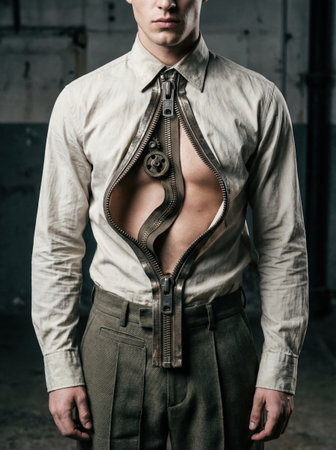 A man stands in an industrial space wearing a tie. His shirt has an unusual design that features a large zipper. The zipper opens to reveal a geometric shape on his chest.の素材