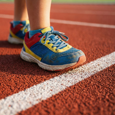 A child stands on a running track wearing bright shoes. The child prepares for practice focusing on improving skills. The sun shines down as other athletes train nearby.の素材
