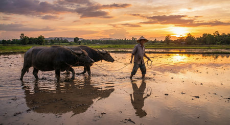 A farmer walks in shallow water with two water buffaloes in a muddy field. The sun sets in the background casting orange light over the rural area. The farmer plants rice while guiding the animals.の素材