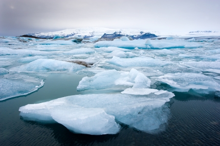 Blue icebergs floating in the jokulsarlon lagoon in Iceland in the winter