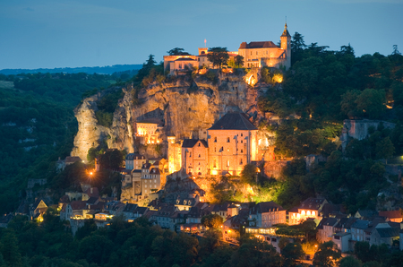 The small and picturesque village of Rocamadour in the twilightの写真素材