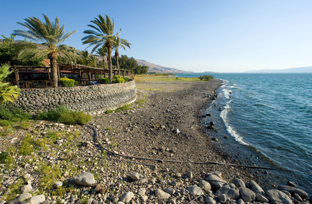 The beach on the east coast of the Sea of Galilee in Israelの写真素材