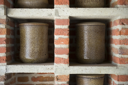 Two urns in a wall outside a cremaroriumの写真素材