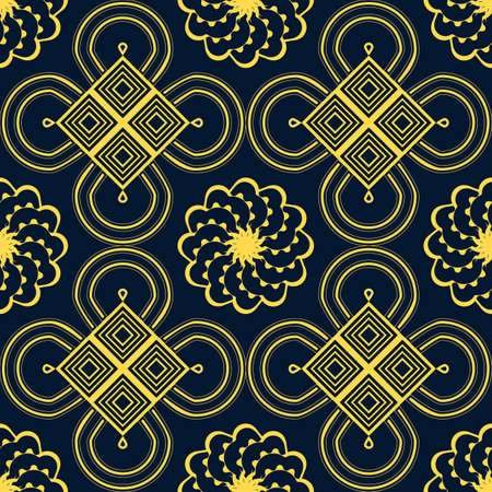 Yellow ornament from squares and circles on a blue backgroundのイラスト素材