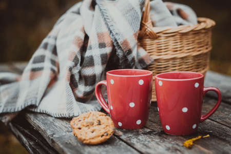 Two red cups of tea, a drink, a basket with a plaid plaid on a wooden table. Picnic in nature.の写真素材
