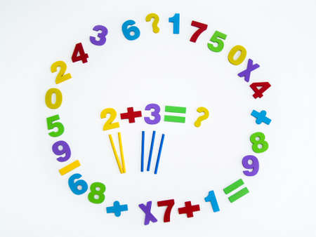 Multi-colored numbers and signs on a white background. Circle of numbers. An example for a solution. Maths learning concept.の写真素材