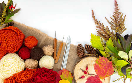 Autumn composition. Autumn knitting concept. Copy space. Flat lay balls of yarn for knitting, crochet hook, knitting needles, gift in craft paper, autumn leaves and grass, on a white background.の写真素材