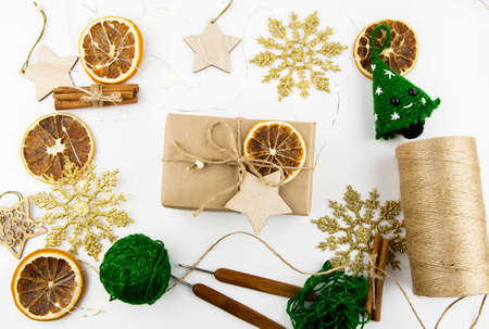 Christmas composition gift eco decor and crochet.