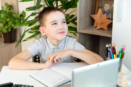 Distance learning online education. A schoolboy is studying at a computer at home and doing school...