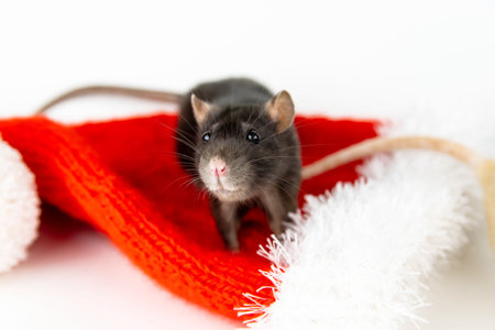 A Christmas mouse. A black rat sits on a red Christmas cap.の写真素材