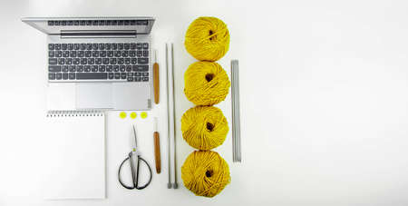 Online training of knitting at home in quarantine. Flat layout.の写真素材