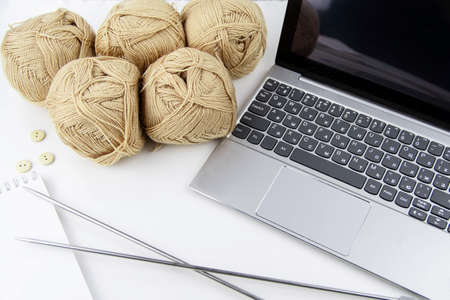 Online training of knitting at home in quarantine. Flat layout.の写真素材